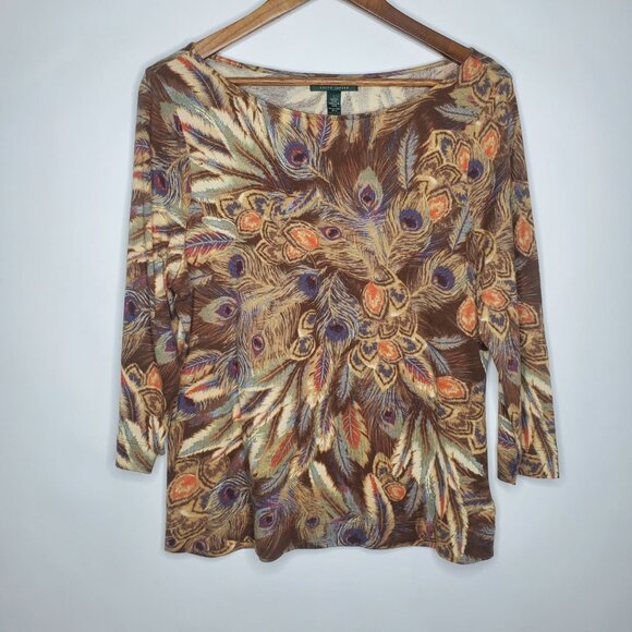 Lauren Ralph Lauren Tops - Ralph Lauren Womens Multicolor Peacock Feather Boatneck Top Size L 3/4 Sleeve